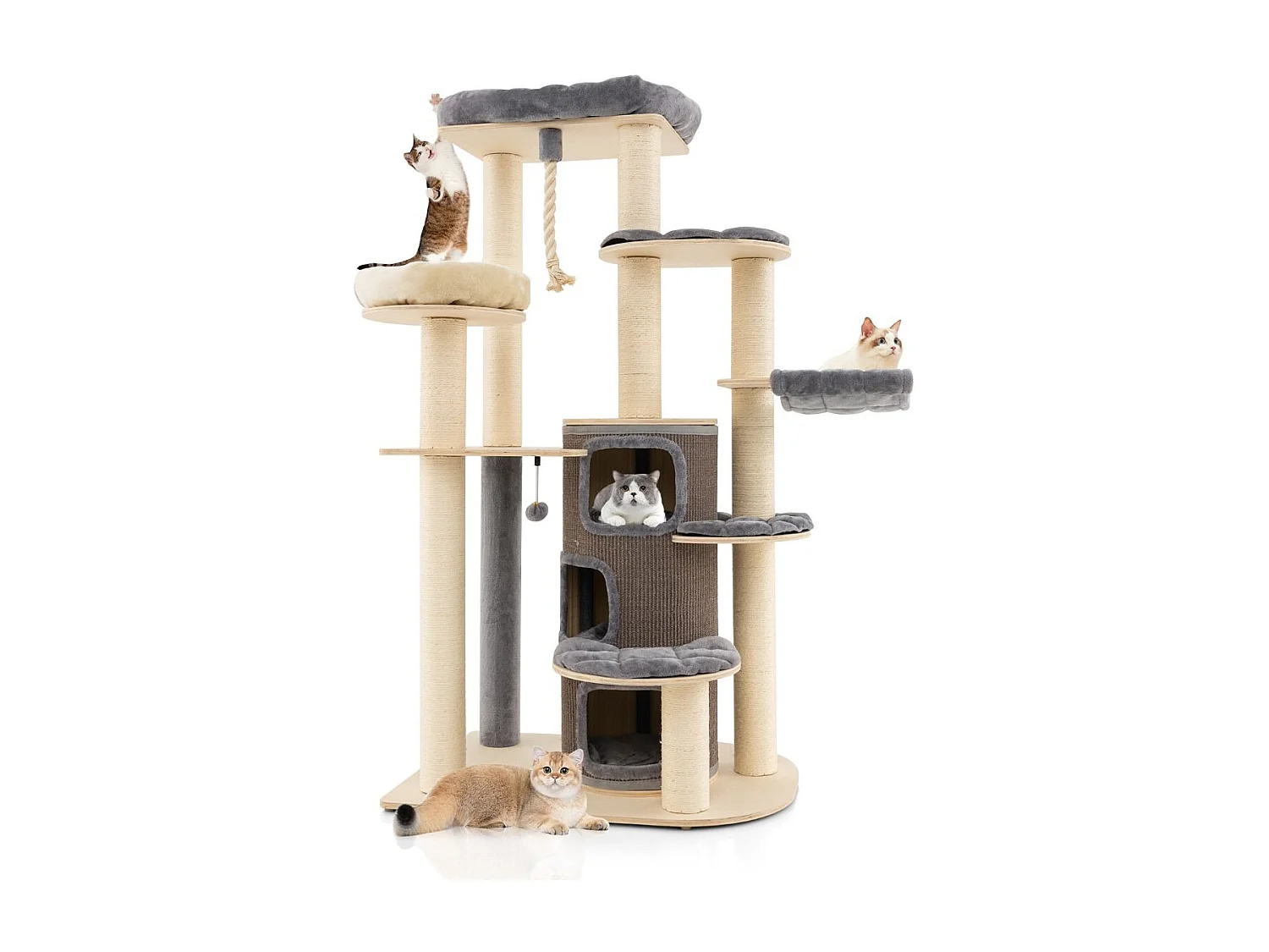173 cm Kratzbaum aus Holz mit Katzenhöhle & Matten & Ball & Hängeseil Katzenbaum Grau