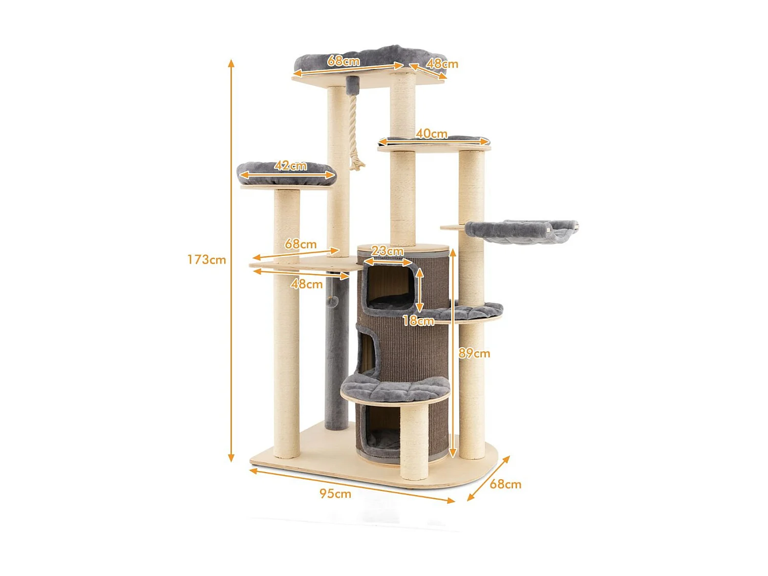 173 cm Kratzbaum aus Holz mit Katzenhöhle & Matten & Ball & Hängeseil Katzenbaum Grau