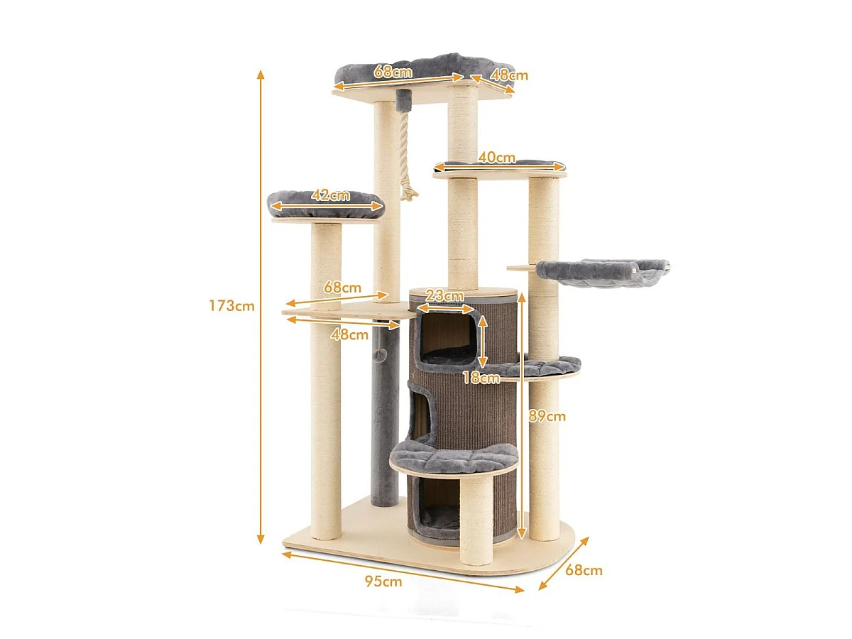 Albero per gatti multi-livello con nicchia a 3 piani 2 cucce tiragraffi, Torre per gatti in legno da interno Grigio