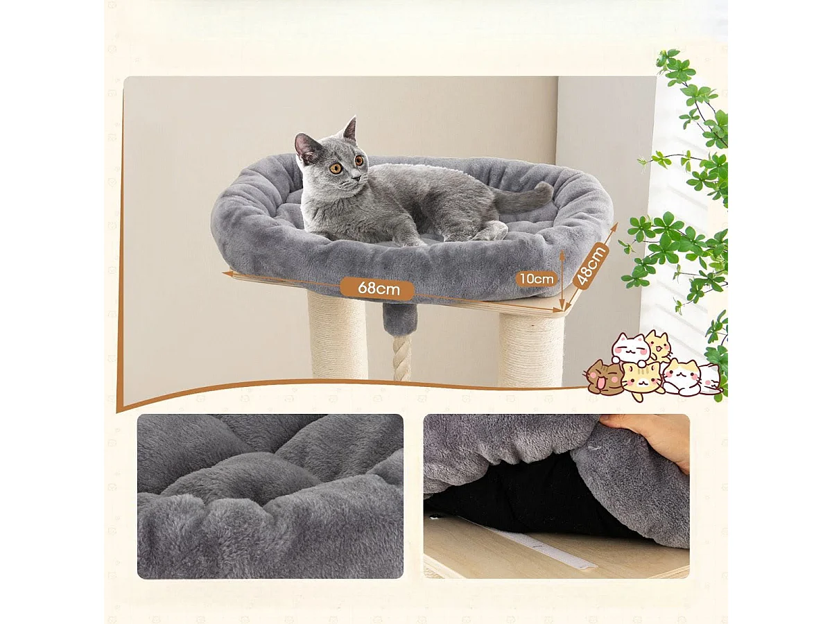 Albero per gatti multi-livello con nicchia a 3 piani 2 cucce tiragraffi, Torre per gatti in legno da interno Grigio