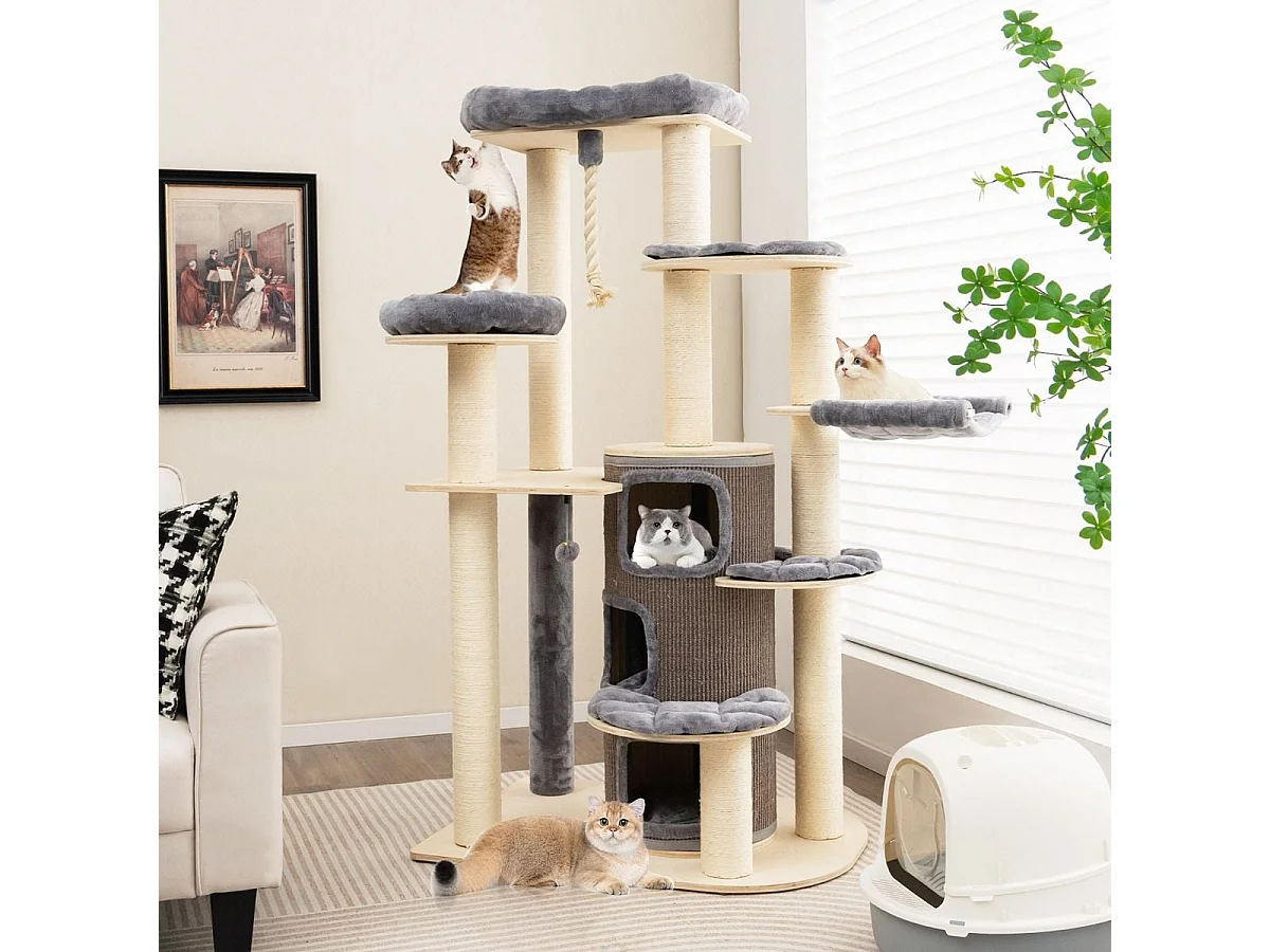 Albero per gatti multi-livello con nicchia a 3 piani 2 cucce tiragraffi, Torre per gatti in legno da interno Grigio
