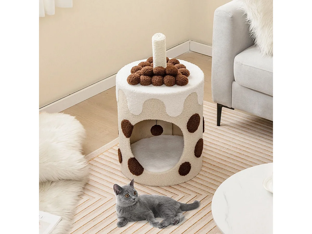 Kratzbaum Kratztonne in Milchteeform mit Sisalpfosten & baumelndem Ballspielzeug Beige