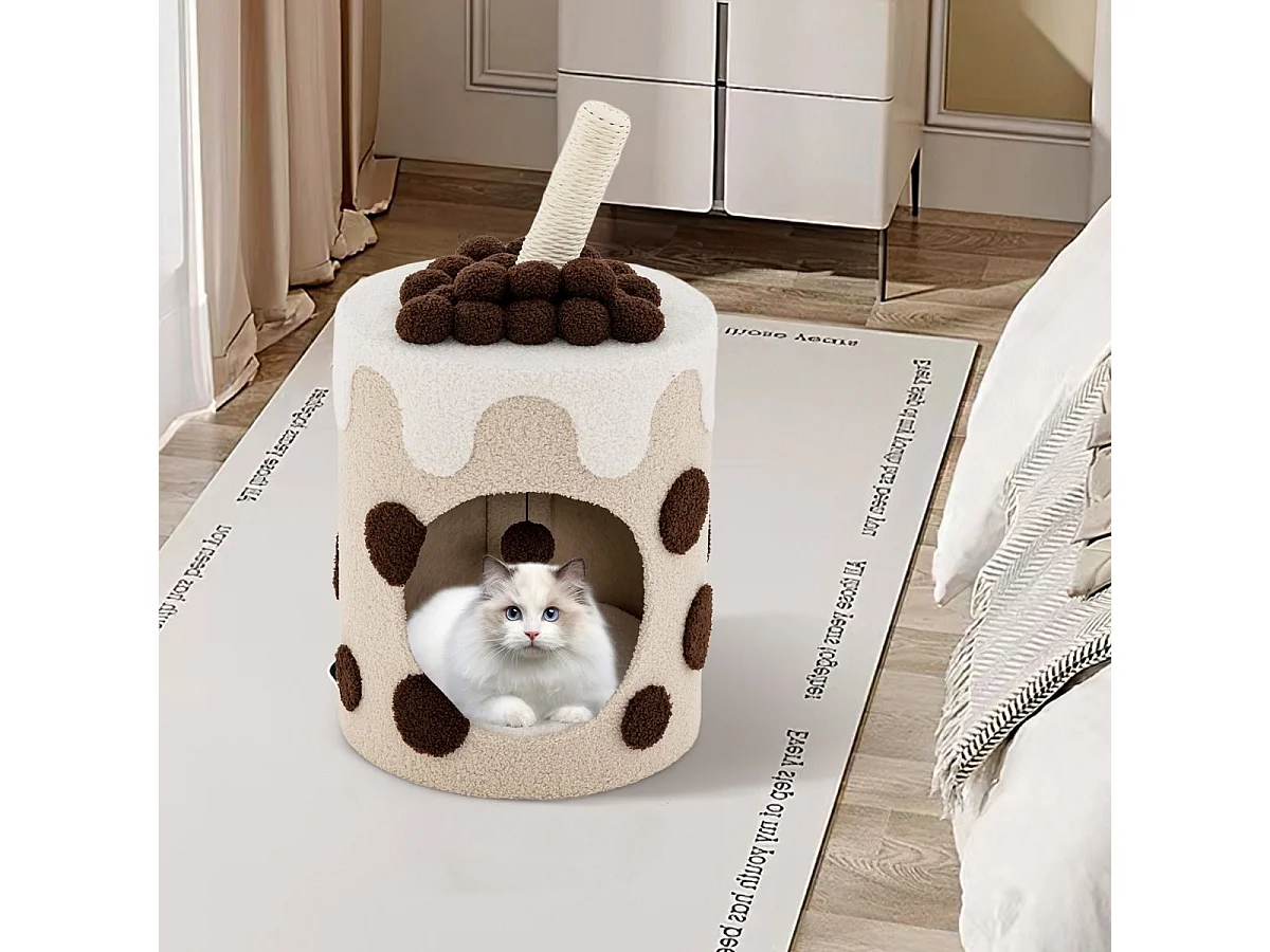 Kratzbaum Kratztonne in Milchteeform mit Sisalpfosten & baumelndem Ballspielzeug Beige