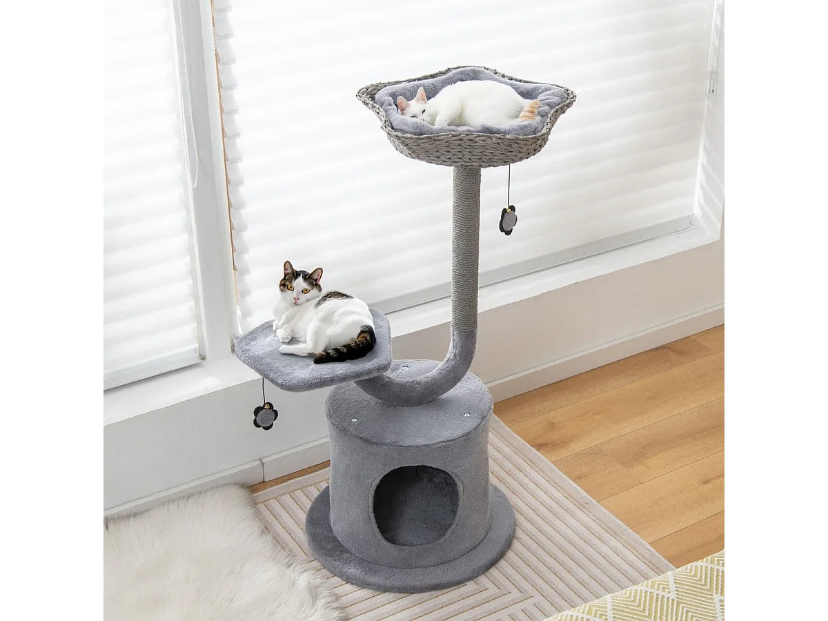 Kratzbaum für drinnen mit gebogenem Metallrahmen 3-Ebenen Katzenaktivitätszentrum Grau