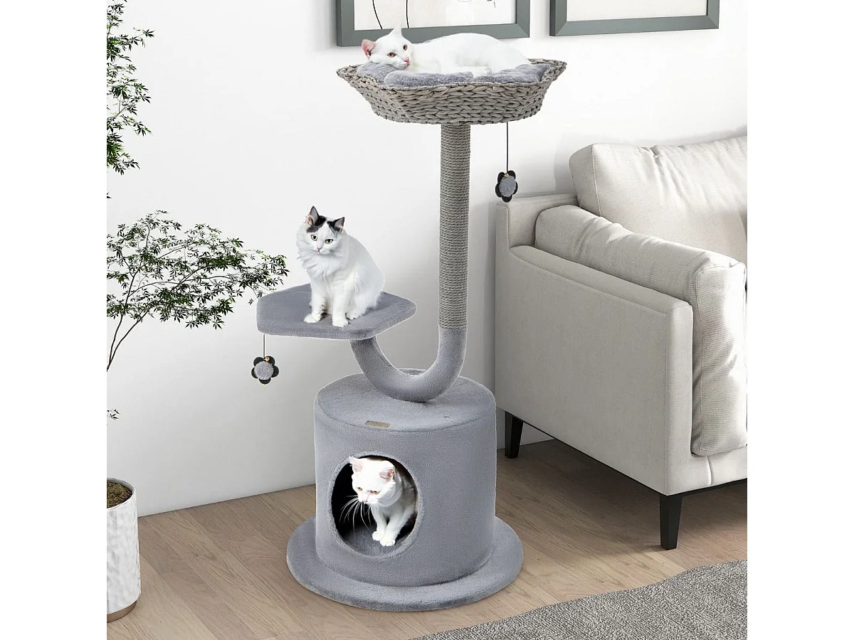 Kratzbaum für drinnen mit gebogenem Metallrahmen 3-Ebenen Katzenaktivitätszentrum Grau