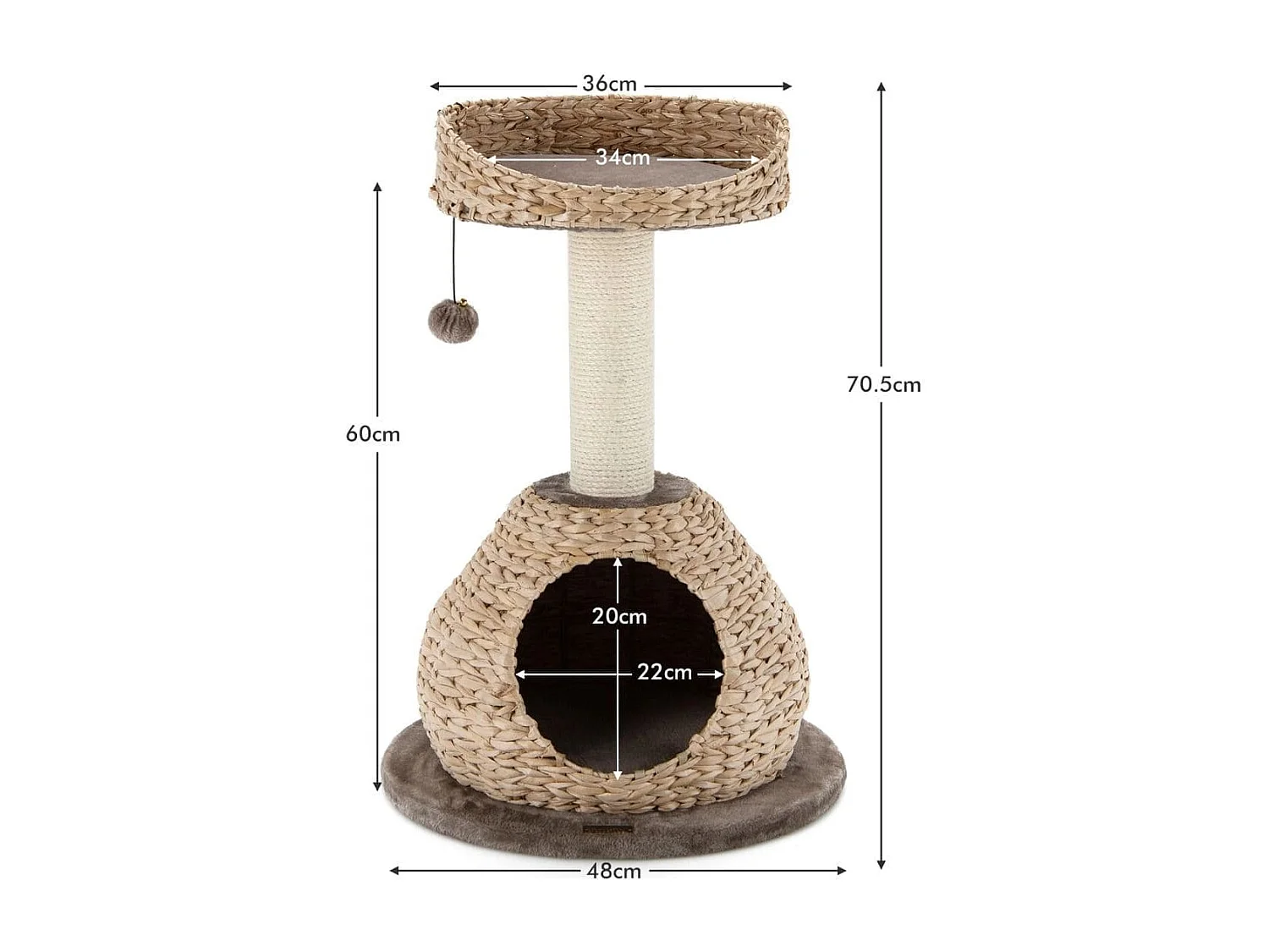 Albero per gatti da interno con palo tiragraffi in sisal naturale, Centro attività torre con pallina appesa Marrone