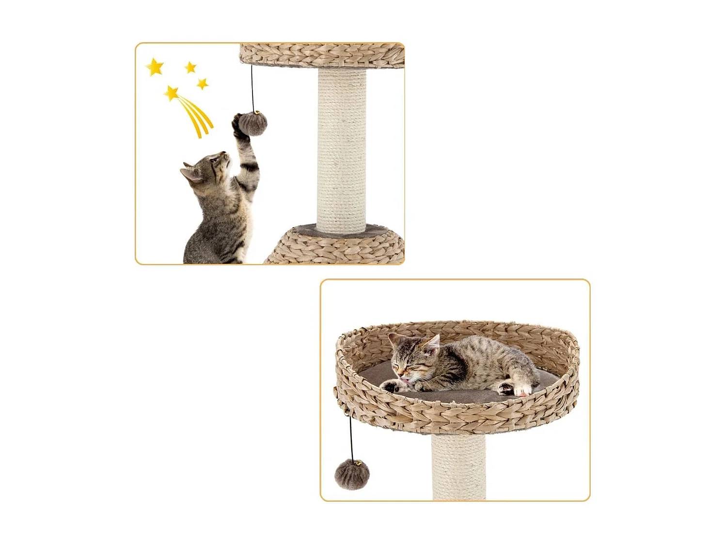 Albero per gatti da interno con palo tiragraffi in sisal naturale, Centro attività torre con pallina appesa Marrone