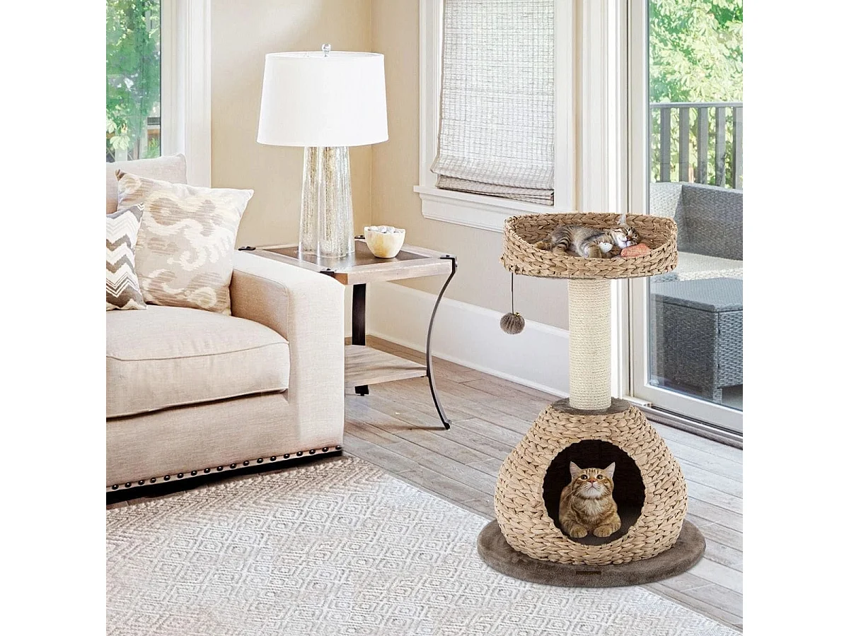 Albero per gatti da interno con palo tiragraffi in sisal naturale, Centro attività torre con pallina appesa Marrone