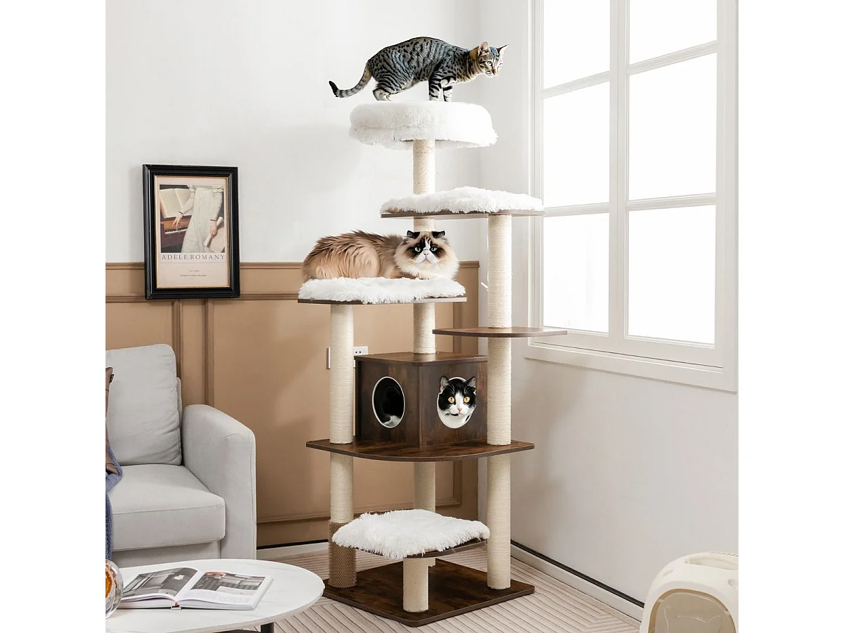 175cm Katzenbaum 6-stufiger Katzenkratzbaum Holz Katzen Kratzbaum Spielhaus mit Höhle und 5 Matten Aktivitätsbaum Kletterbaum Katzenhaus