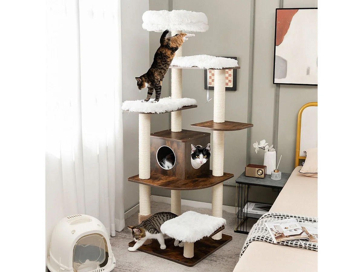 175cm Katzenbaum 6-stufiger Katzenkratzbaum Holz Katzen Kratzbaum Spielhaus mit Höhle und 5 Matten Aktivitätsbaum Kletterbaum Katzenhaus