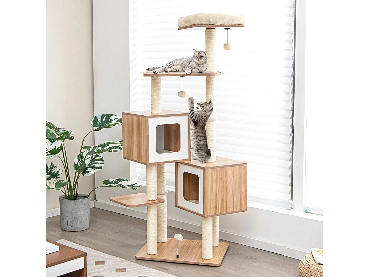 163 cm Hoher Kletterbaum Moderner Kratzbaum aus Holz Natur