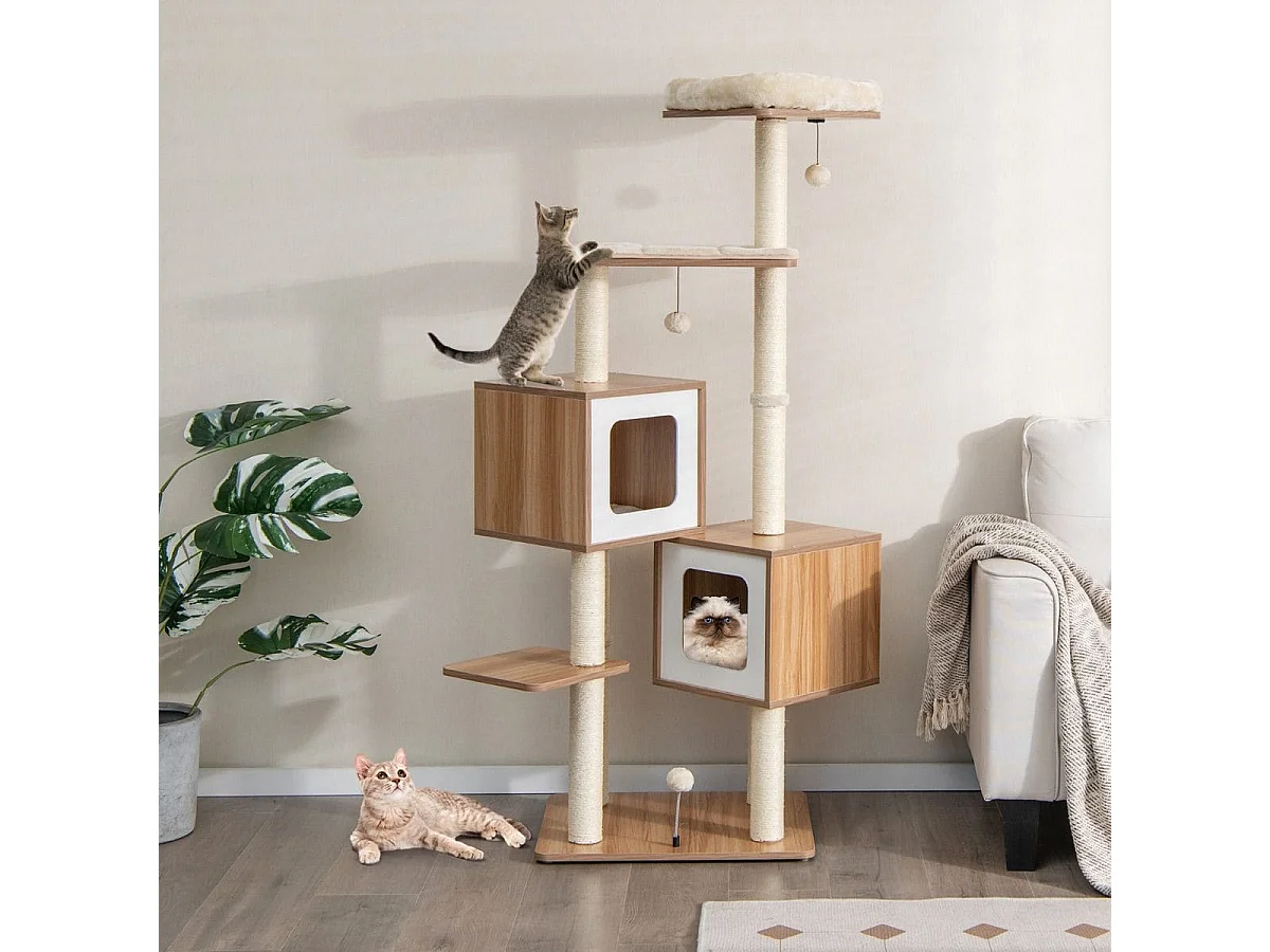 163 cm Hoher Kletterbaum Moderner Kratzbaum aus Holz Natur