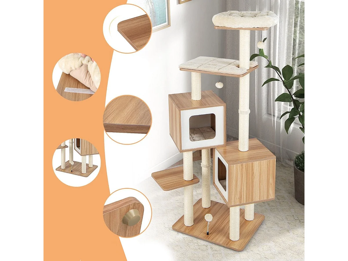 163 cm Hoher Kletterbaum Moderner Kratzbaum aus Holz Natur