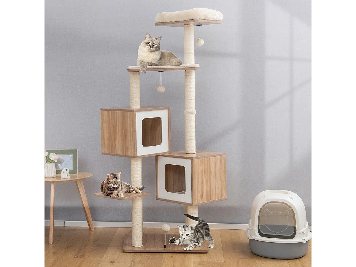 163 cm Hoher Kletterbaum Moderner Kratzbaum aus Holz Natur