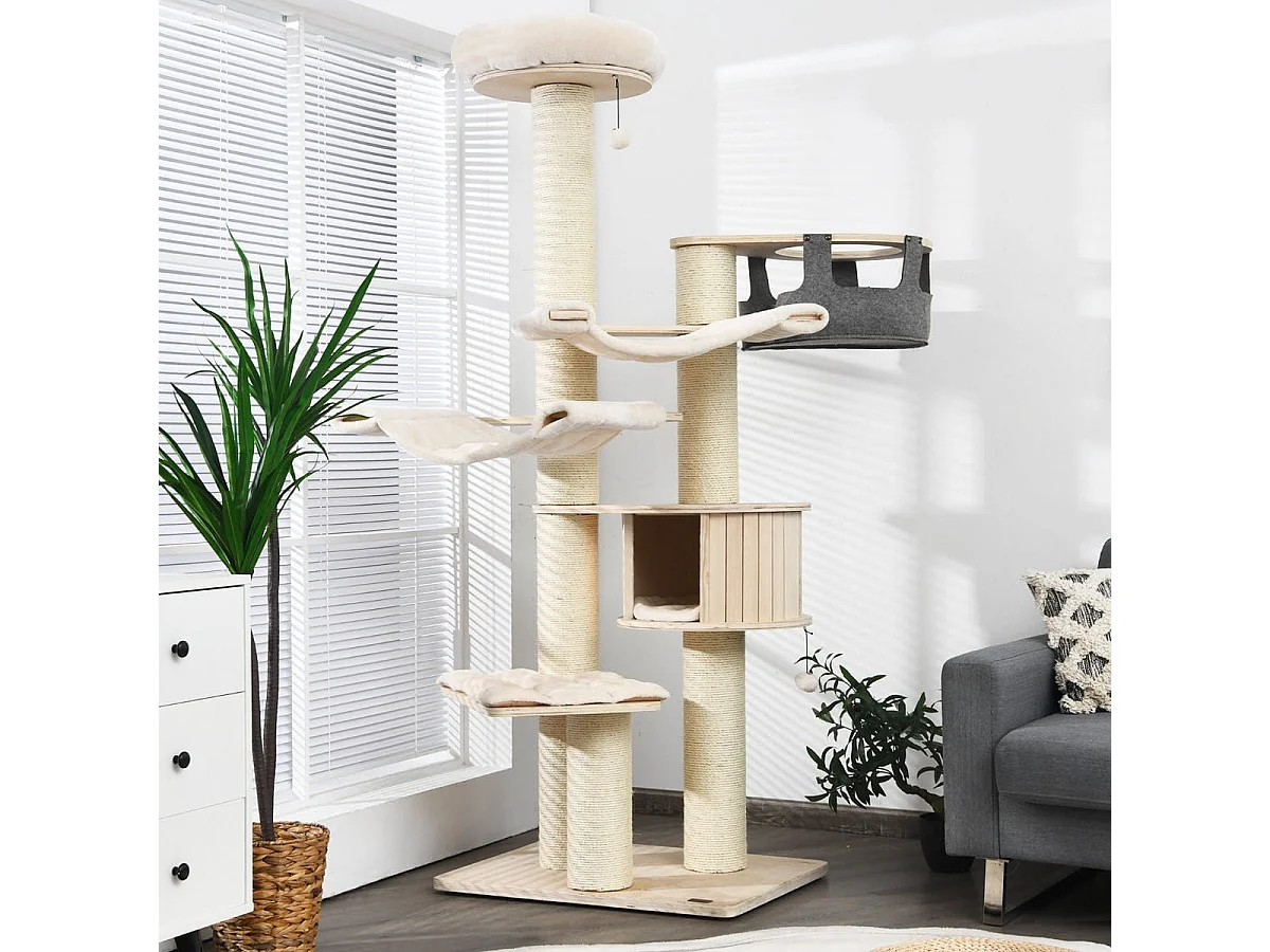 197 cm 7-stöckiger Holz Kratzbaum mit Hängematte & Katzenhöhle & Hängekorb & Bällen Katzenbaum