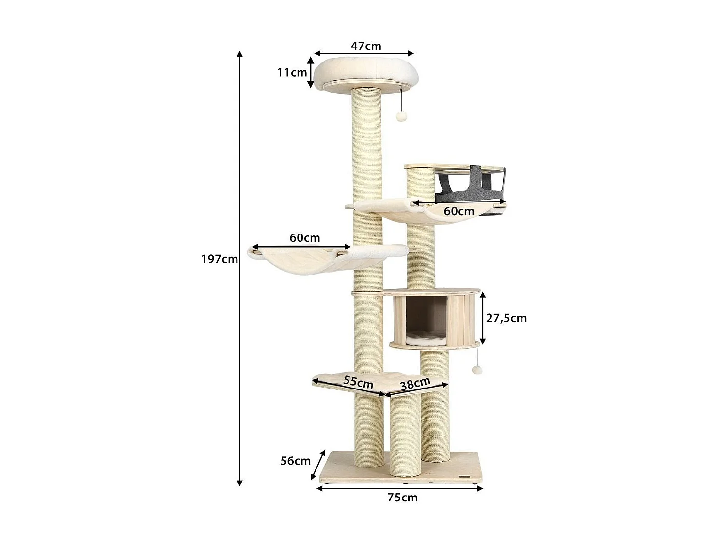 197 cm 7-stöckiger Holz Kratzbaum mit Hängematte & Katzenhöhle & Hängekorb & Bällen Katzenbaum
