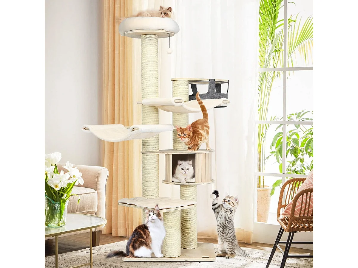 197 cm 7-stöckiger Holz Kratzbaum mit Hängematte & Katzenhöhle & Hängekorb & Bällen Katzenbaum