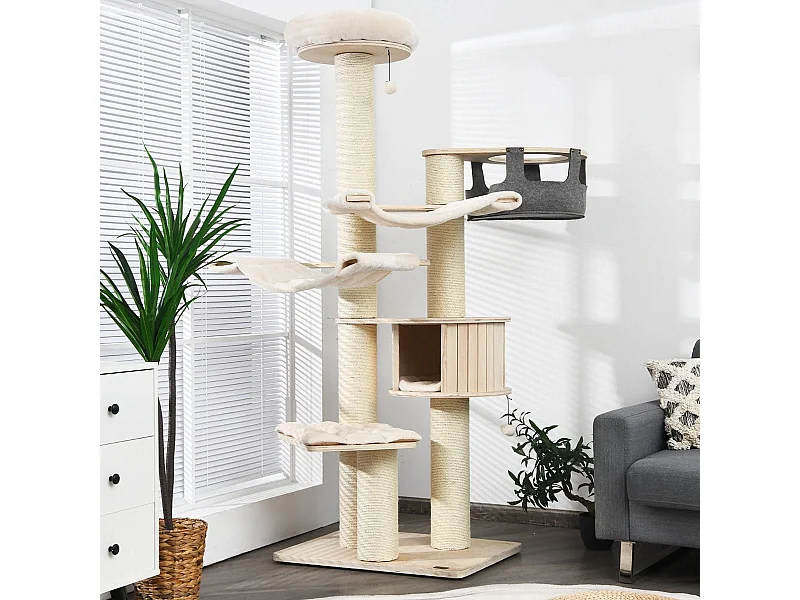 197 cm 7-stöckiger Holz Kratzbaum mit Hängematte & Katzenhöhle & Hängekorb & Bällen Katzenbaum