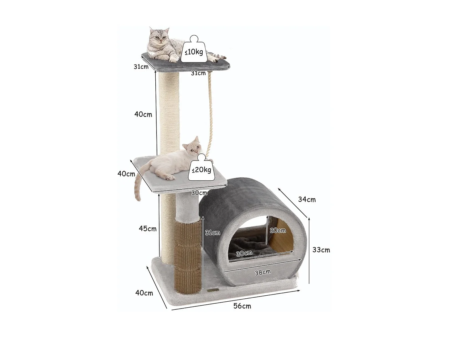 92 cm Kratzbaum mit Bambus Höhle & Kratzbrett & Pflegebürste & Ball & Plüschsitz Grau