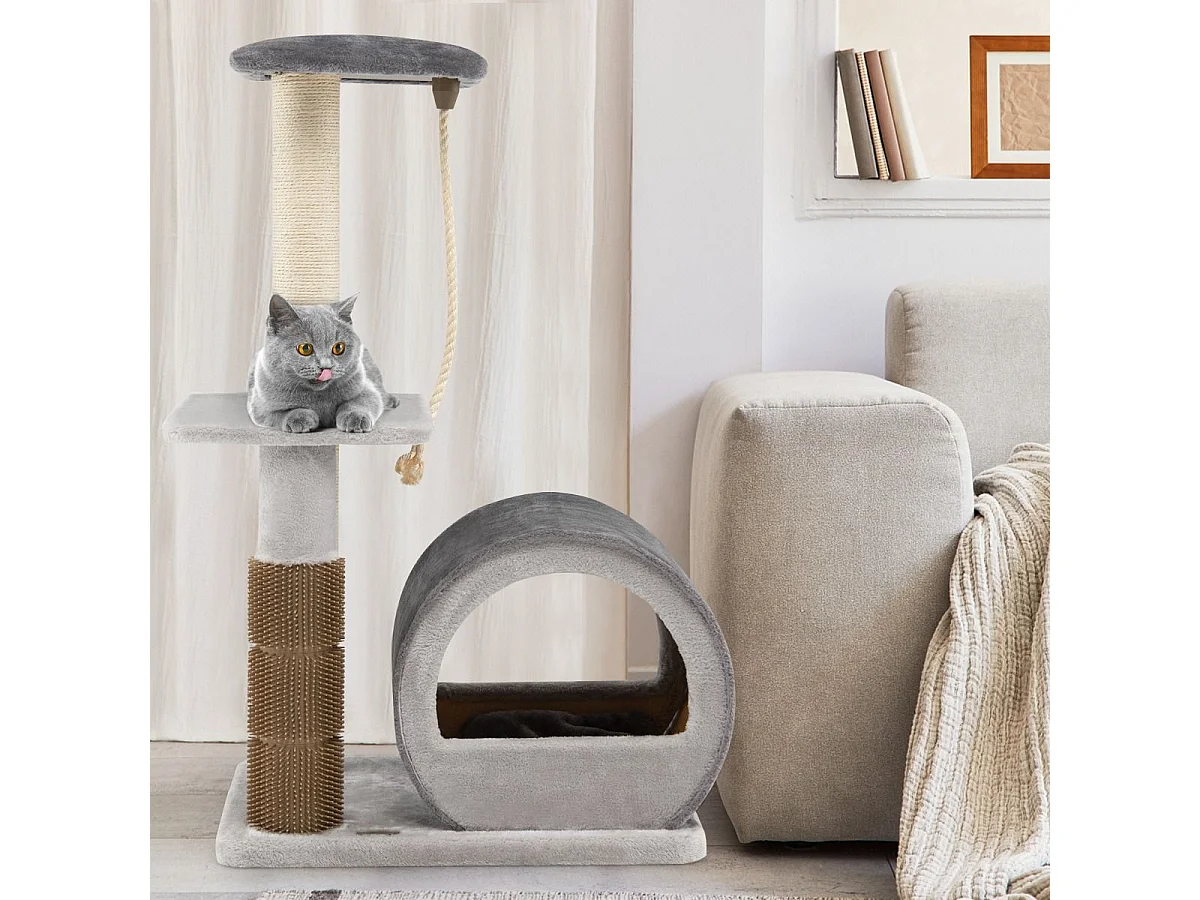 92 cm Kratzbaum mit Bambus Höhle & Kratzbrett & Pflegebürste & Ball & Plüschsitz Grau