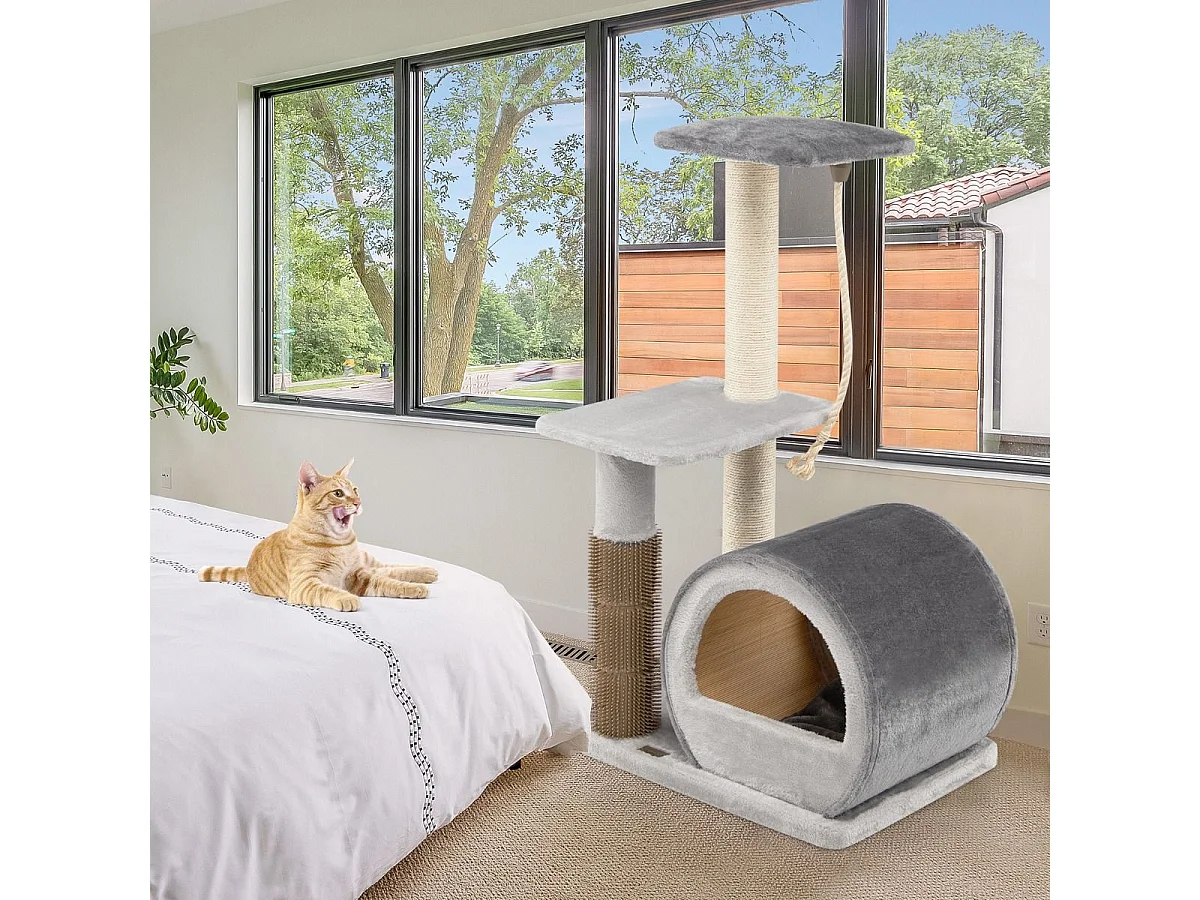 92 cm Kratzbaum mit Bambus Höhle & Kratzbrett & Pflegebürste & Ball & Plüschsitz Grau