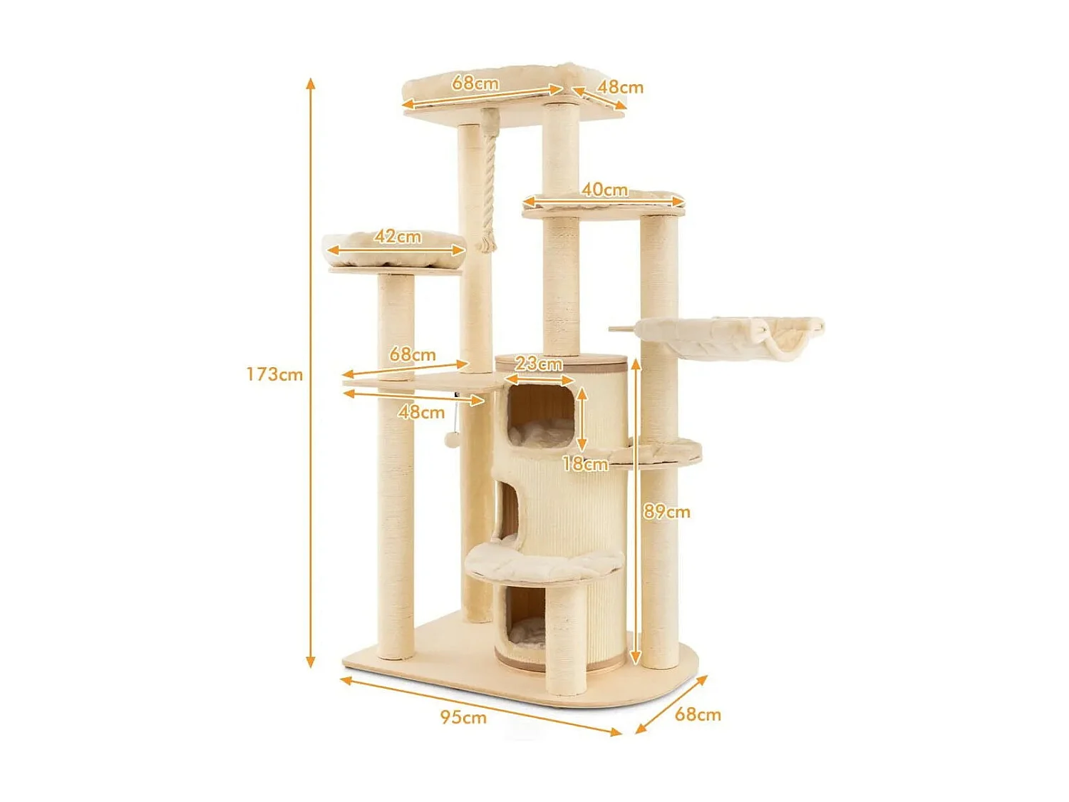 173 cm Kratzbaum aus Holz mit Katzenhöhle & Matten & Ball & Hängeseil Katzenbaum Beige