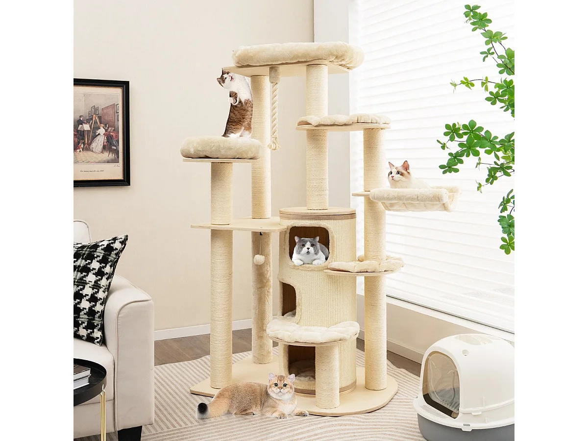 173 cm Kratzbaum aus Holz mit Katzenhöhle & Matten & Ball & Hängeseil Katzenbaum Beige