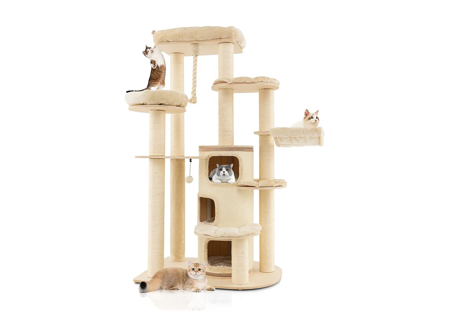 173 cm Kratzbaum aus Holz mit Katzenhöhle & Matten & Ball & Hängeseil Katzenbaum Beige