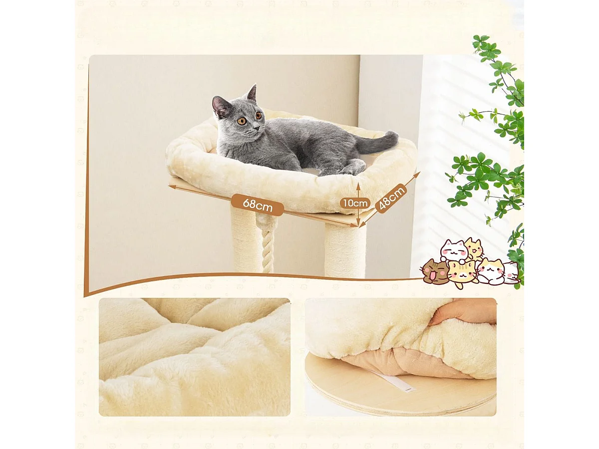 173 cm Kratzbaum aus Holz mit Katzenhöhle & Matten & Ball & Hängeseil Katzenbaum Beige