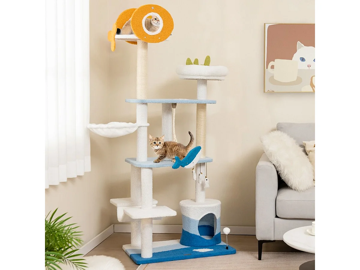 Kratzbaum im Meeresmotiv mehrstöckiger Katzenturm mit Sisal überzogenen Pfosten Blau 69 x 49 x 168 cm