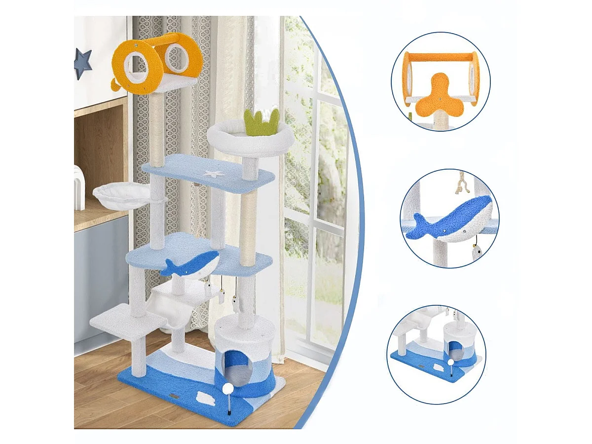 Kratzbaum im Meeresmotiv mehrstöckiger Katzenturm mit Sisal überzogenen Pfosten Blau 69 x 49 x 168 cm