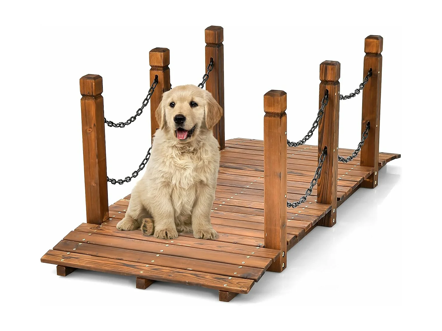 Holzbrücke mit Geländer, Gartenbrücke Teichbrücke, Zierbrücke belastbar bis 120kg, Dekobrücke für Garten, Teich, Bach, Bauernhof, 150x67x55 cm