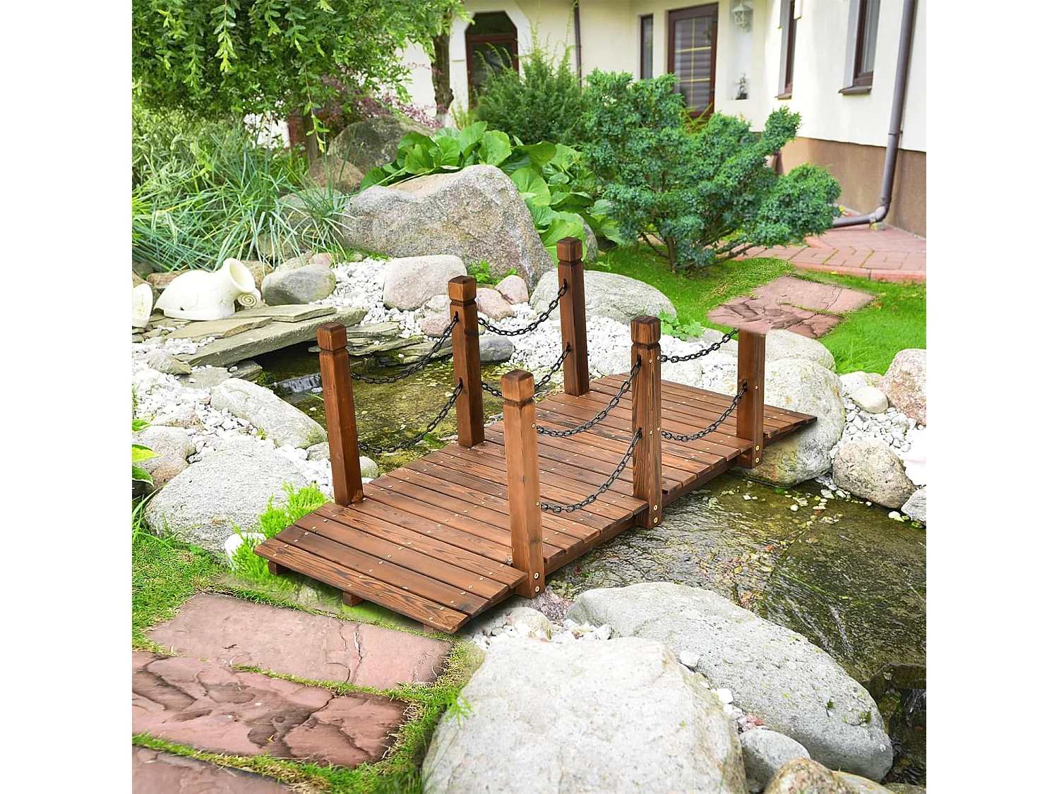 Holzbrücke mit Geländer, Gartenbrücke Teichbrücke, Zierbrücke belastbar bis 120kg, Dekobrücke für Garten, Teich, Bach, Bauernhof, 150x67x55 cm
