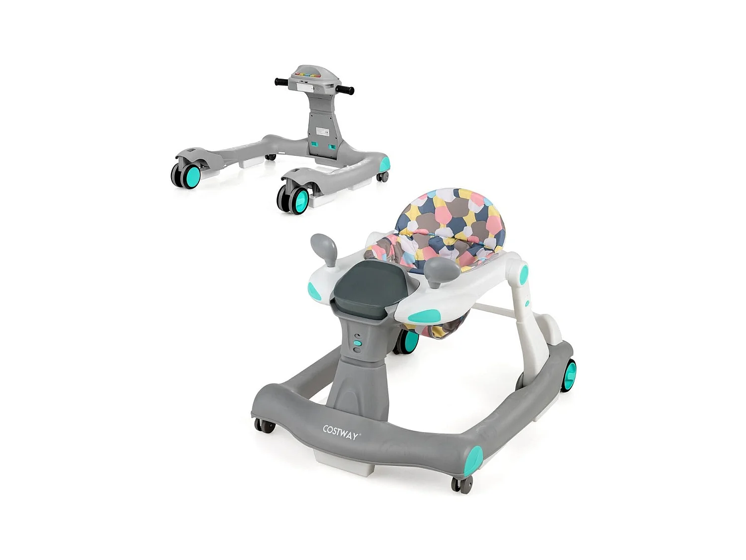 Trotteur Bébé Pliable 2 en 1 Hauteur et Vitesse Réglables Effet Sonore avec Lumières Coussin de Siège Lavable 6 à 18 Mois Gris