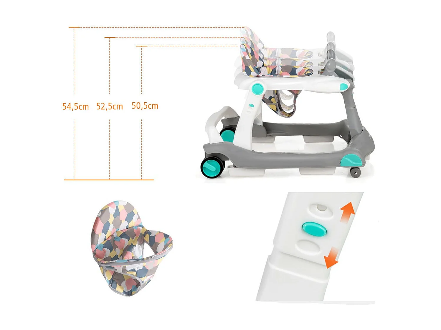Primi passi 2 in 1 per bambini con cuscino altezza velocità regolabili, Primi passi a spinta pieghevole Grigio