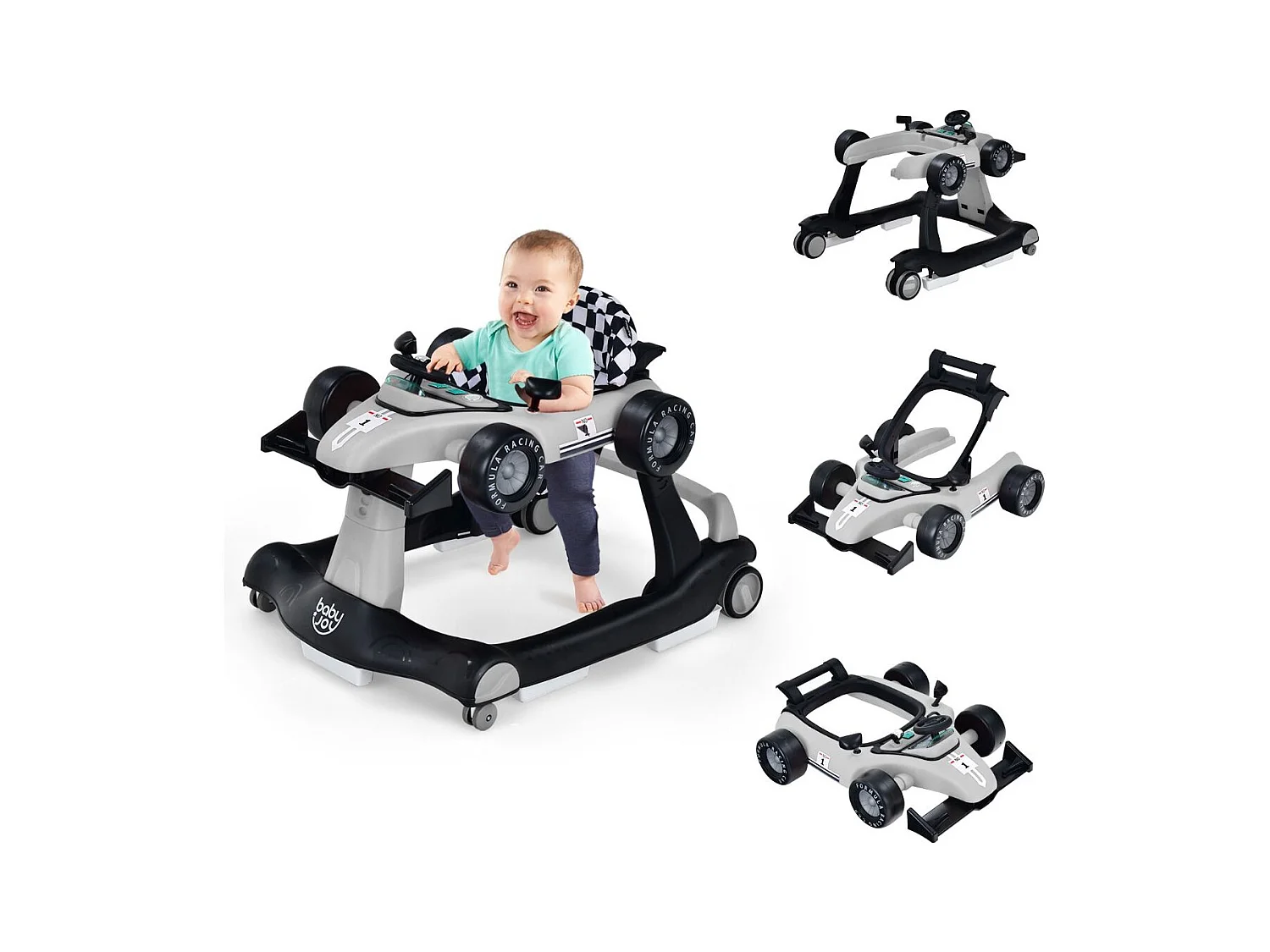 Trotteur Pliable 4 en 1 Pousseur Hauteur et Vitesse Réglables Boîte à Musique avec Lumière Volant Apparence de Voiture Gris