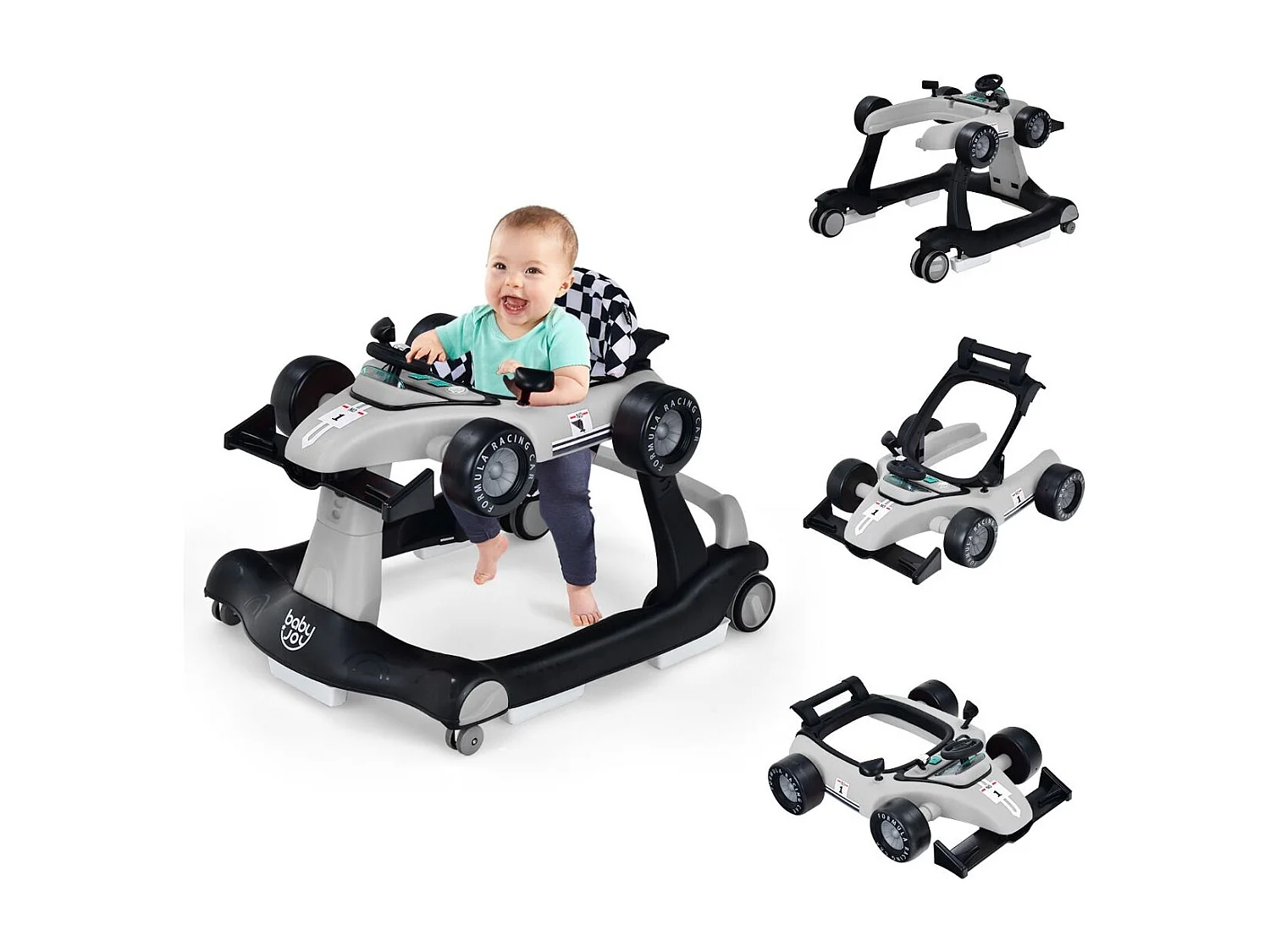 Trotteur Pliable 4 en 1 Pousseur Hauteur et Vitesse Réglables Boîte à Musique avec Lumière Volant Apparence de Voiture Gris