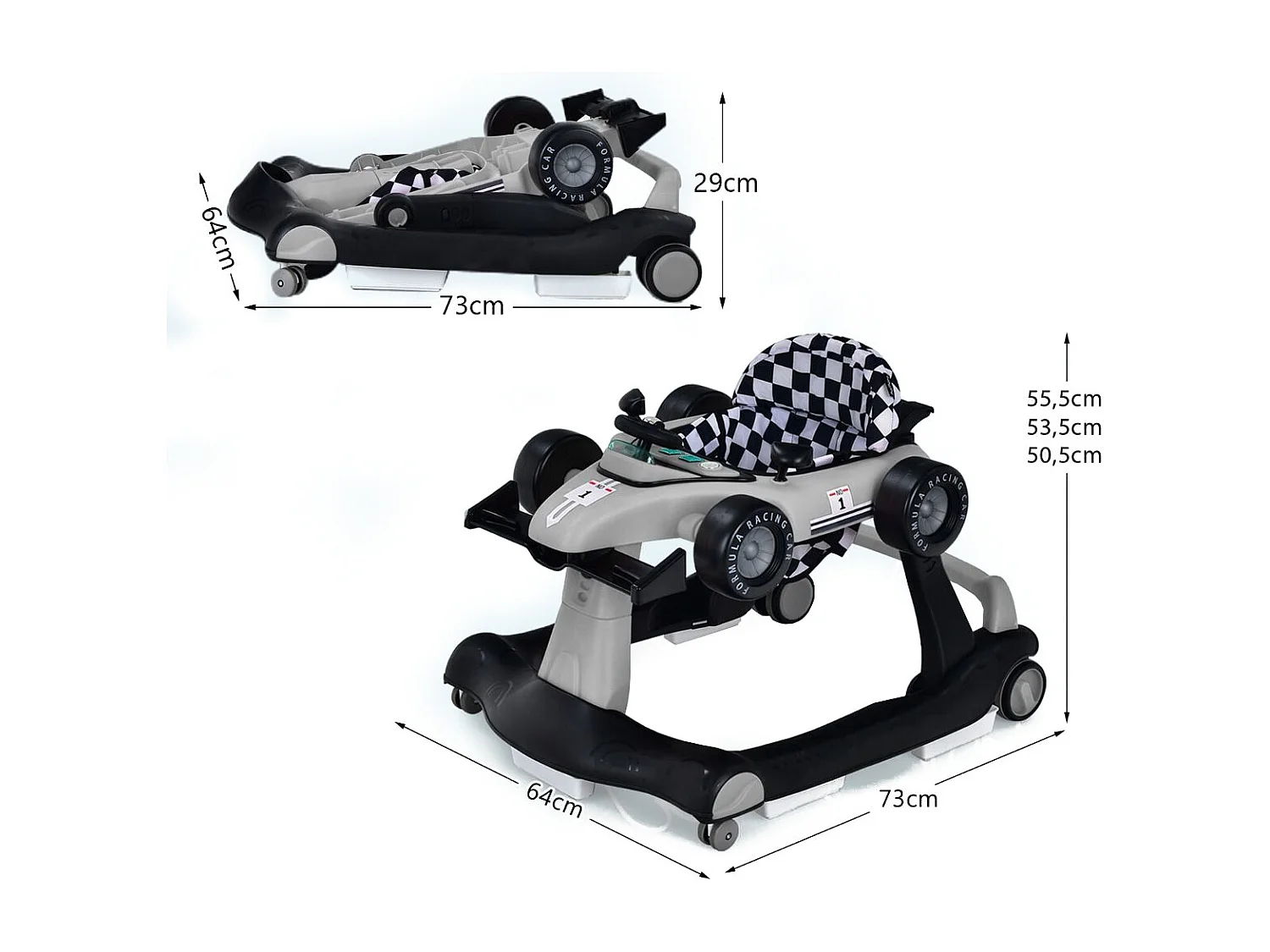 Trotteur Pliable 4 en 1 Pousseur Hauteur et Vitesse Réglables Boîte à Musique avec Lumière Volant Apparence de Voiture Gris