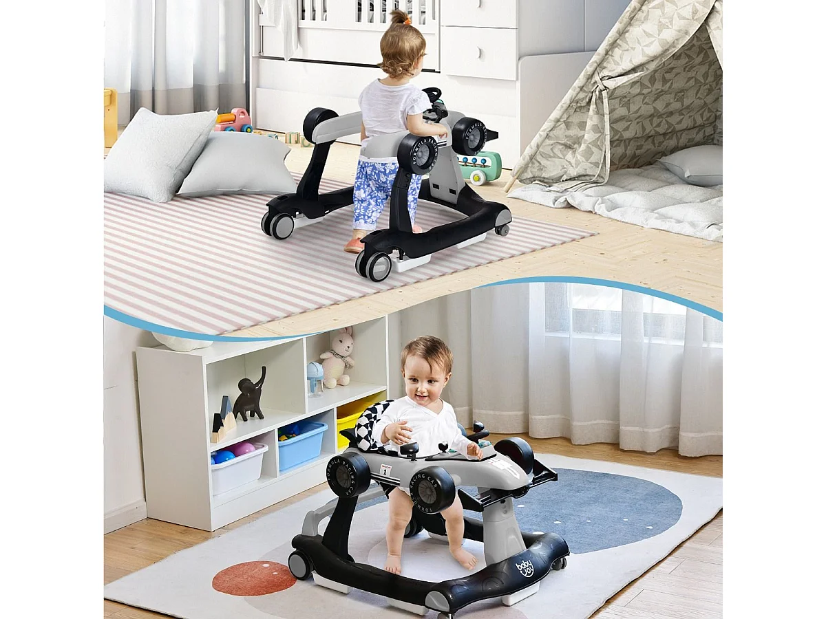 Trotteur Pliable 4 en 1 Pousseur Hauteur et Vitesse Réglables Boîte à Musique avec Lumière Volant Apparence de Voiture Gris