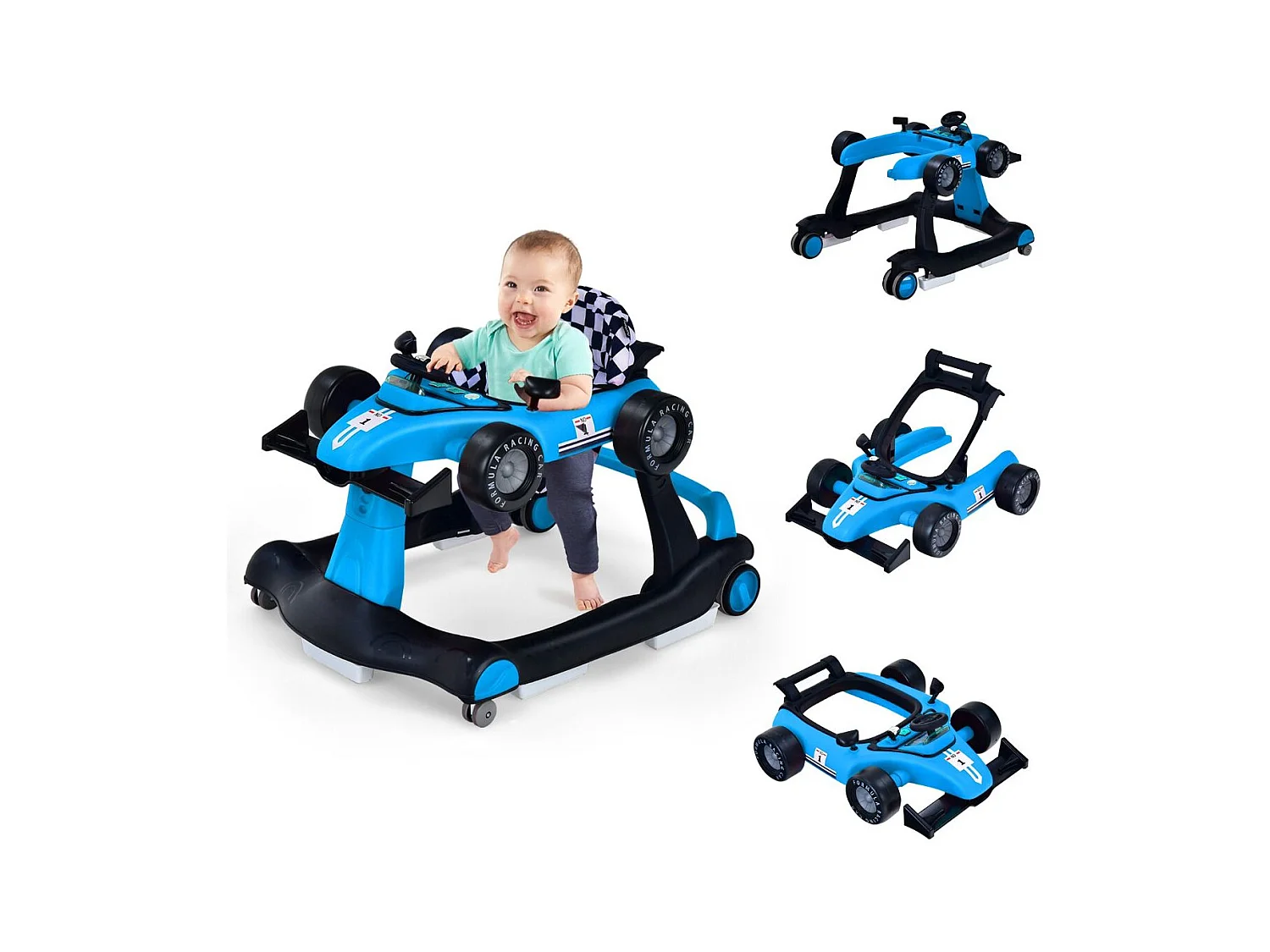 Primi passi 4 in 1 per neonati con altezza e velocità regolabili, Primi passi a spinta con carillon con luci Blu