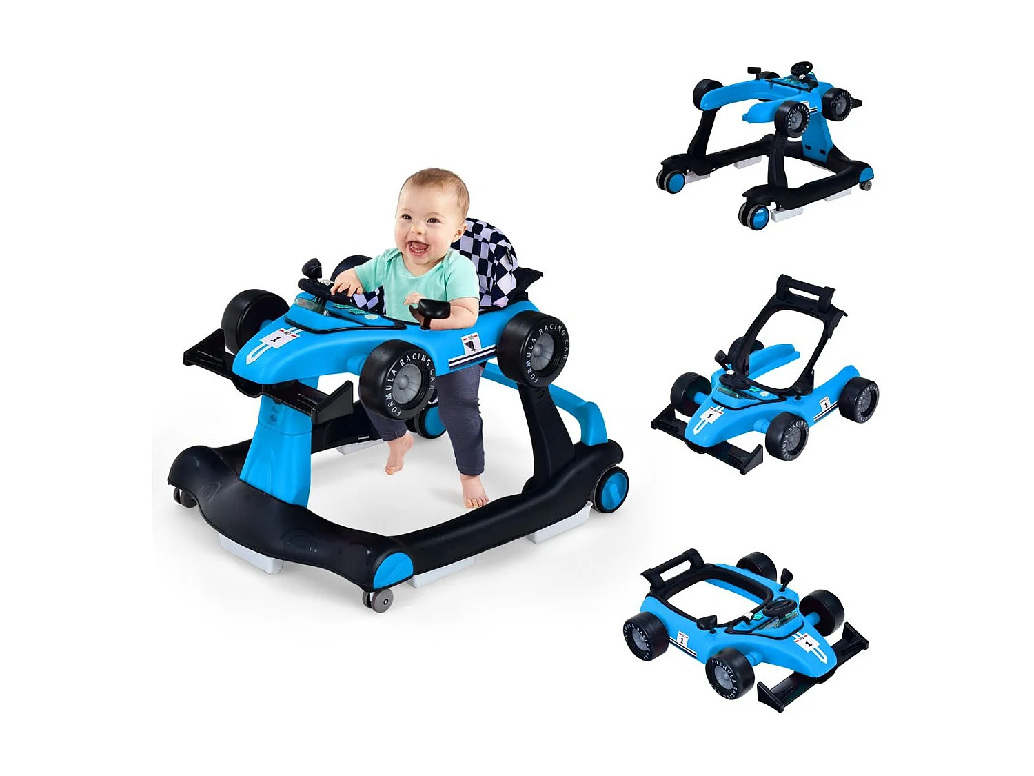 Primi passi 4 in 1 per neonati con altezza e velocità regolabili, Primi passi a spinta con carillon con luci Blu