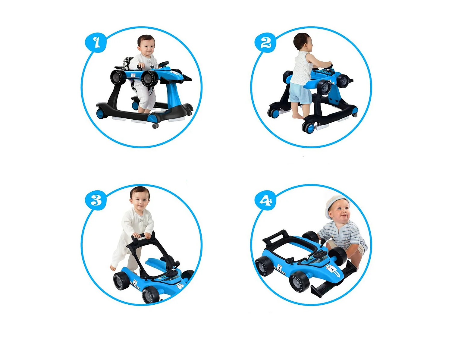 Primi passi 4 in 1 per neonati con altezza e velocità regolabili, Primi passi a spinta con carillon con luci Blu