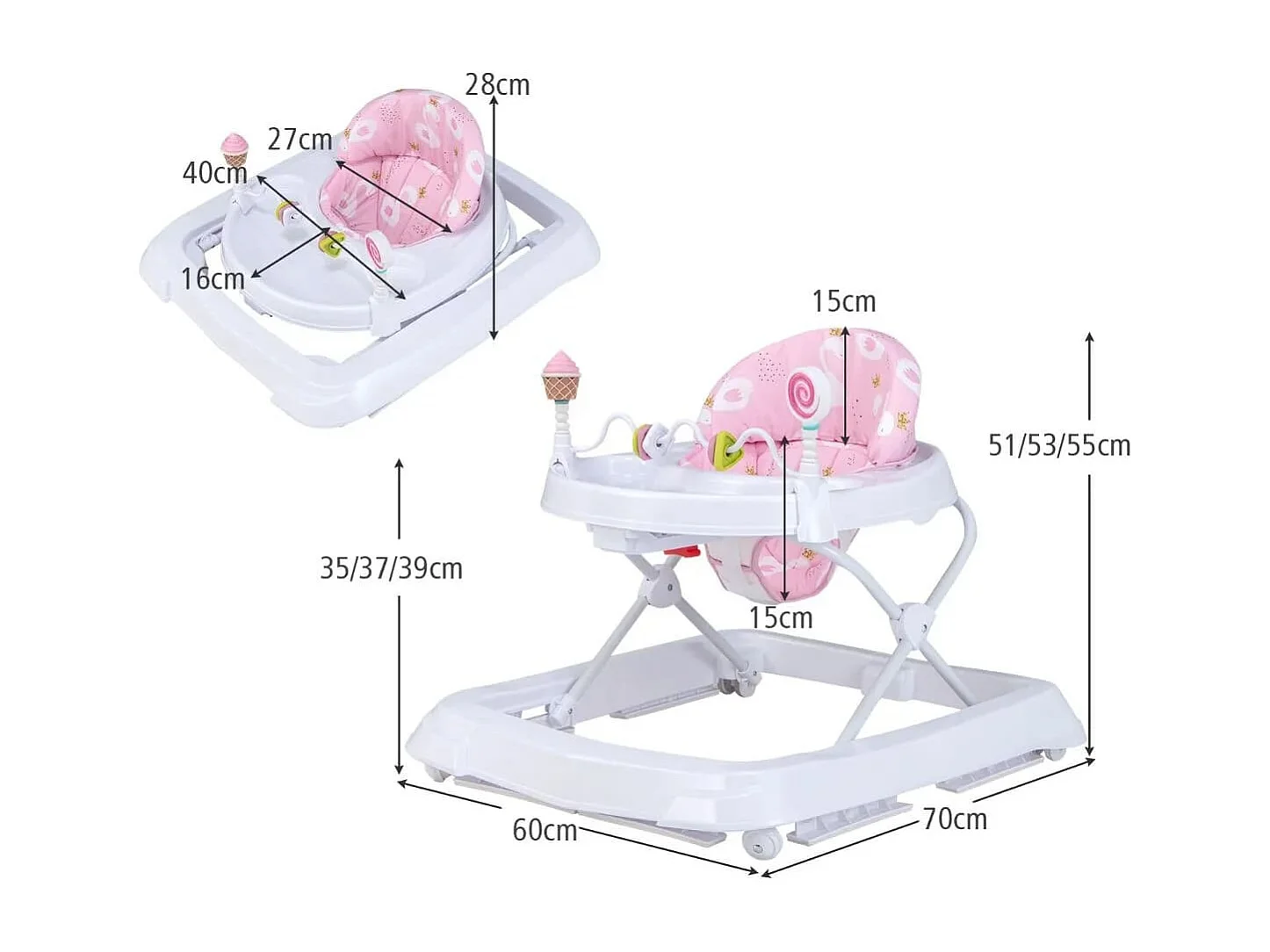 Zusammenklappbarer Lauflernwagen mit Rädern 3-stufig Höhenverstellbar & Abnehmbares Weiches Sitzkissen Rosa