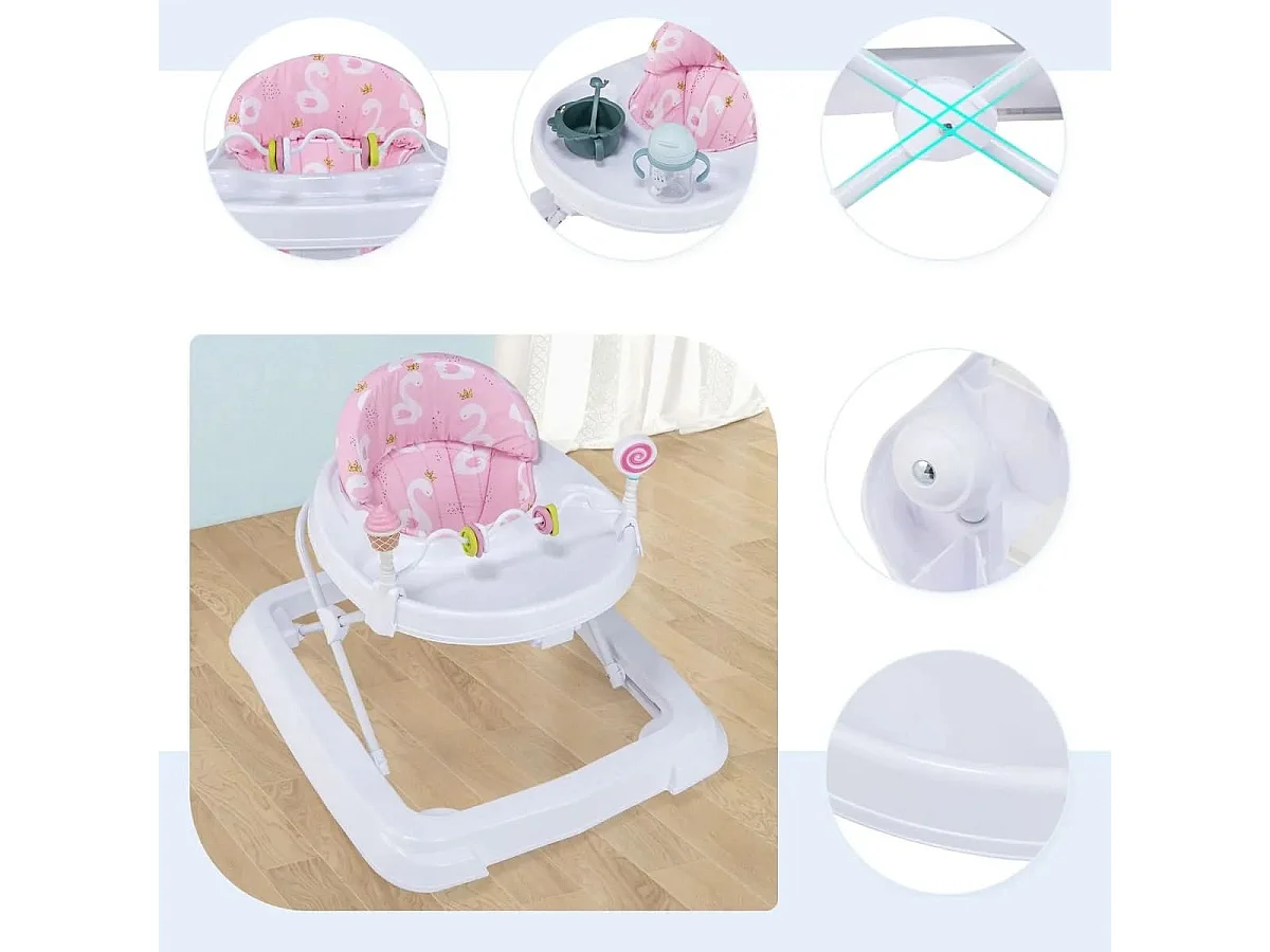 Zusammenklappbarer Lauflernwagen mit Rädern 3-stufig Höhenverstellbar & Abnehmbares Weiches Sitzkissen Rosa