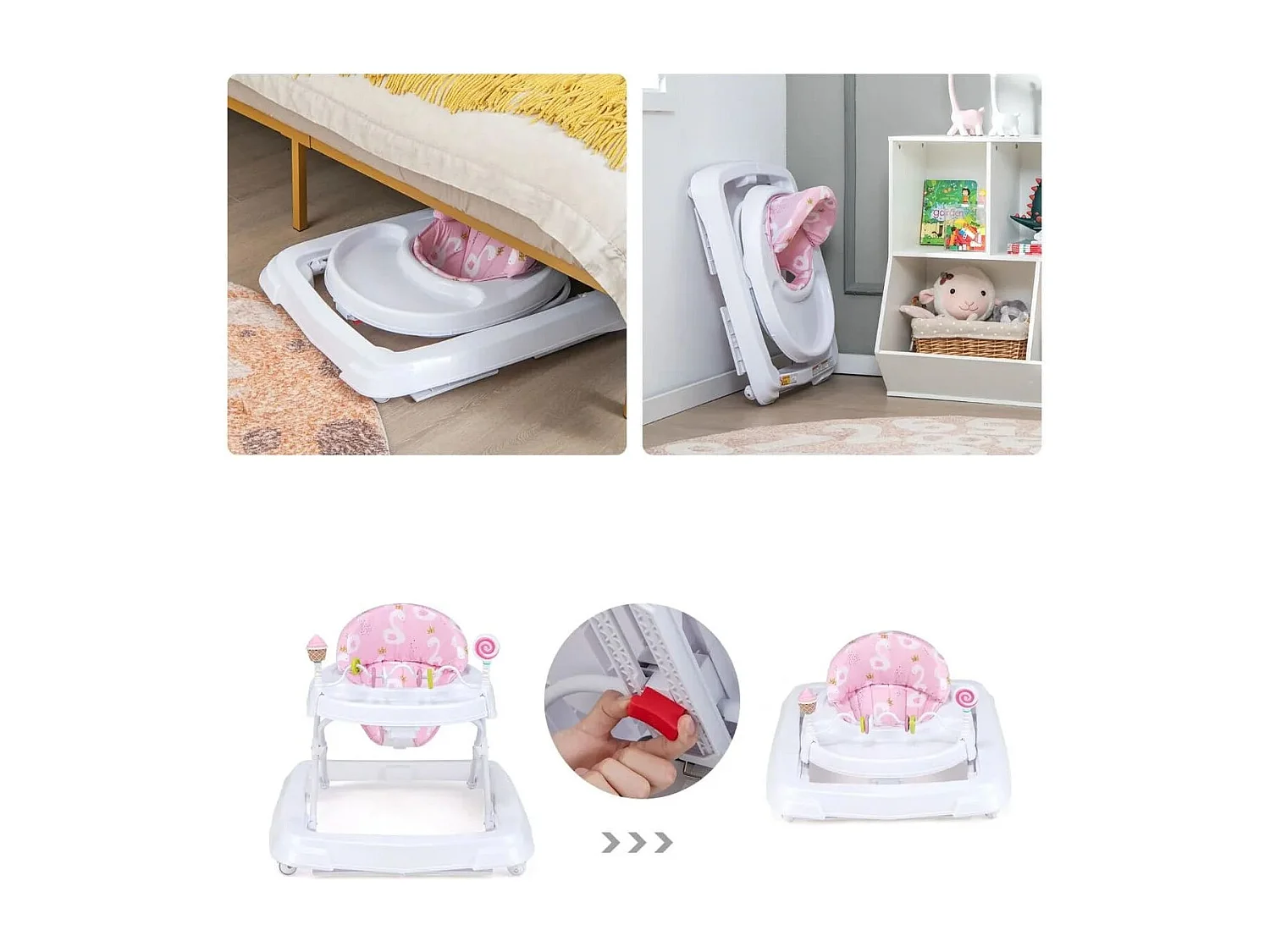 Zusammenklappbarer Lauflernwagen mit Rädern 3-stufig Höhenverstellbar & Abnehmbares Weiches Sitzkissen Rosa