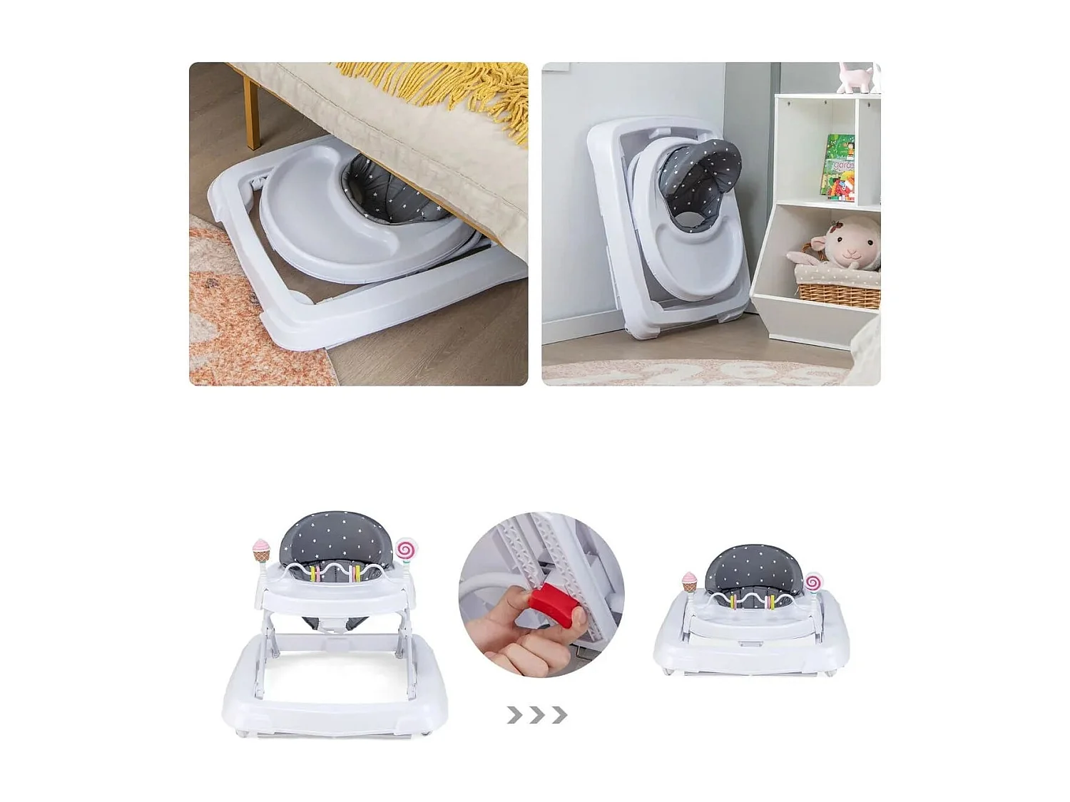 Zusammenklappbarer Lauflernwagen mit Rädern 3-stufig Höhenverstellbar & Abnehmbares Weiches Sitzkissen Grau