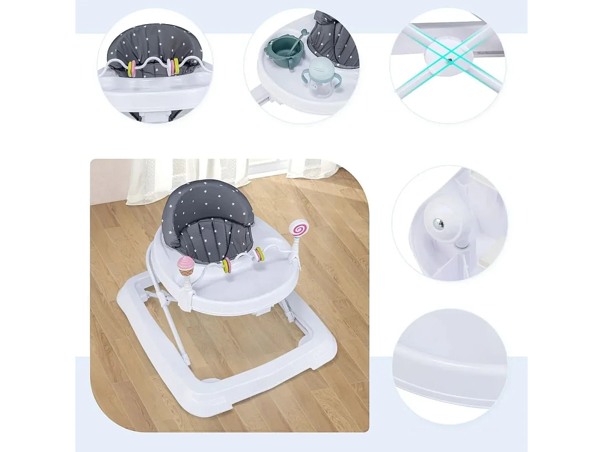 Zusammenklappbarer Lauflernwagen mit Rädern 3-stufig Höhenverstellbar & Abnehmbares Weiches Sitzkissen Grau