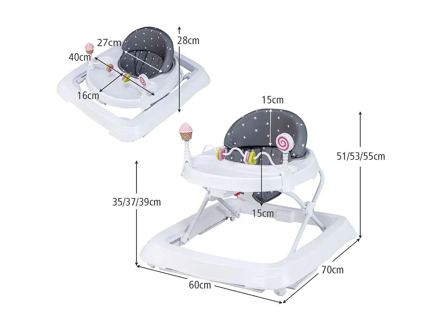 Zusammenklappbarer Lauflernwagen mit Rädern 3-stufig Höhenverstellbar & Abnehmbares Weiches Sitzkissen Grau