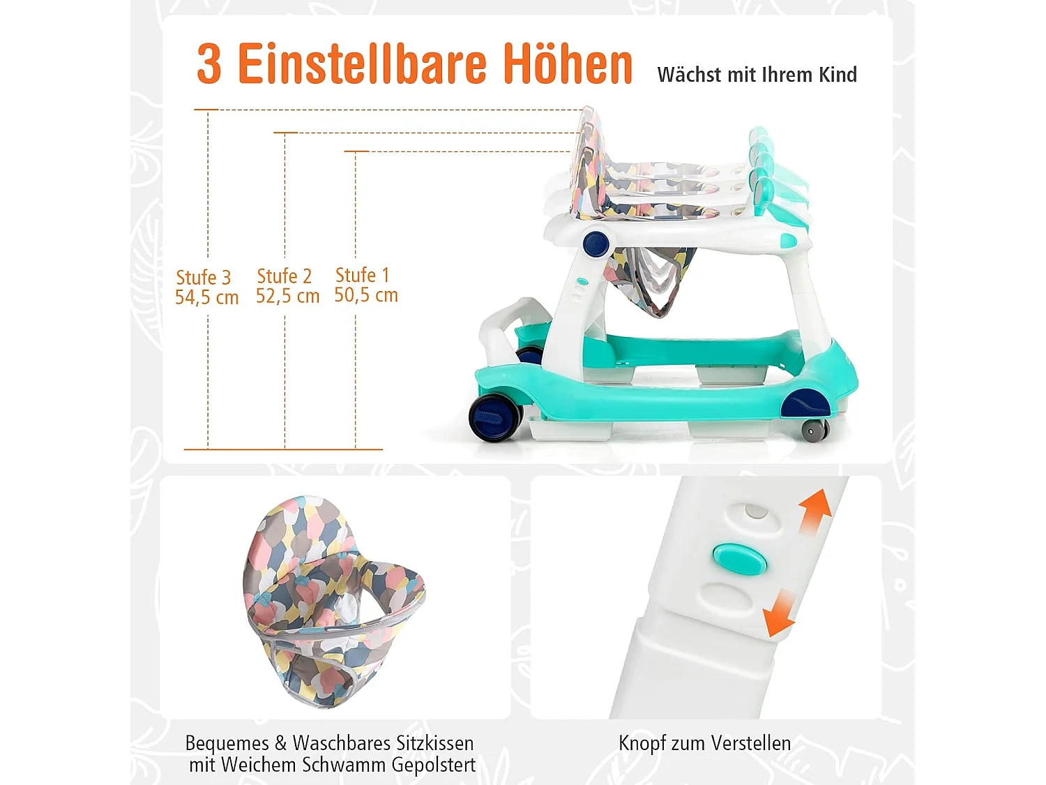 2-in-1 Lauflernhilfe klappbar, Baby Walker höhenverstellbar, Gehfrei, Laufhilfe mit Anti-Kollision & Anti-Rutsch, Lauflernwagen, für 6-18 Monate, bis 15kg belastbar