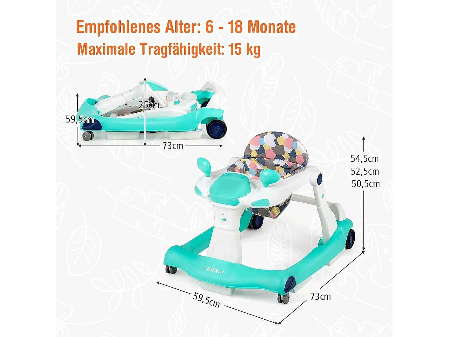 2-in-1 Lauflernhilfe klappbar, Baby Walker höhenverstellbar, Gehfrei, Laufhilfe mit Anti-Kollision & Anti-Rutsch, Lauflernwagen, für 6-18 Monate, bis 15kg belastbar